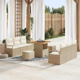 Conjunto de sofá de jardín con cojín 9 pcs Beige Poliratán