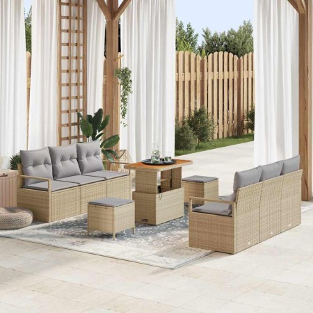 Conjunto de sofá de jardín con cojín 9 pcs Beige Poliratán