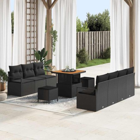 Conjunto de sofá de jardín con cojín 10 pcs Negro Poliratán