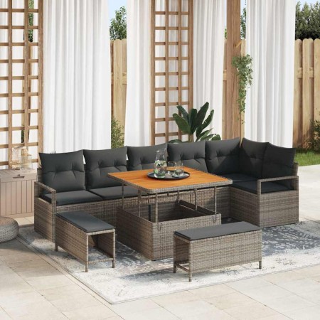 Conjunto de sofá de jardín con cojín 9 pcs Gris Poliratán