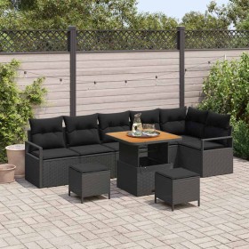 Conjunto de sofá de jardín con cojín 9 pcs Negro Poliratán