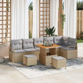 Conjunto de sofá de jardín con cojín 9 pcs Beige Poliratán