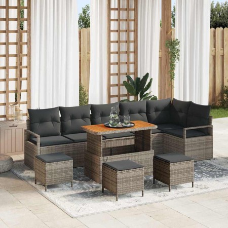 Conjunto de sofá de jardín con cojín 10 pcs Gris Poliratán