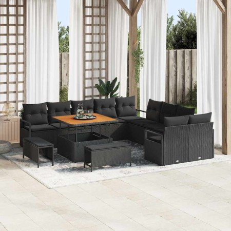Conjunto de sofá de jardín con cojín 13 pcs Negro Poliratán
