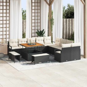 Conjunto de sofá de jardín con cojín 13 pcs Negro Poliratán