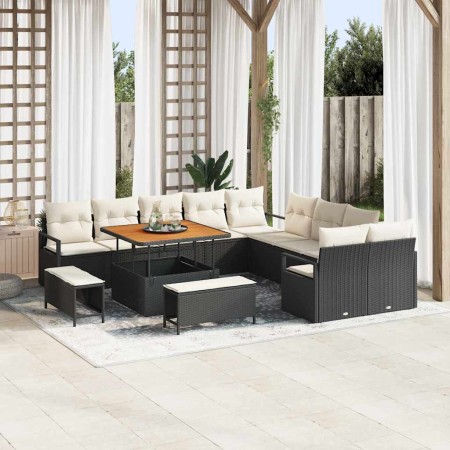 Conjunto de sofá de jardín con cojín 13 pcs Negro Poliratán
