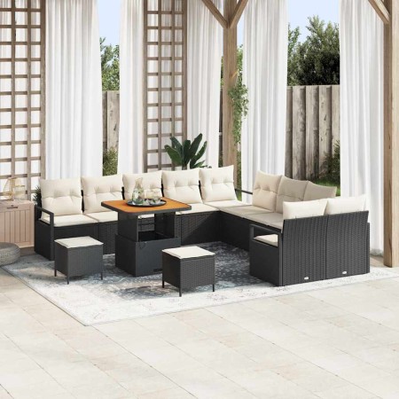 Conjunto de sofá de jardín con cojín 13 pcs Negro Poliratán