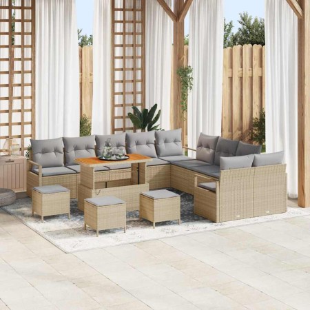 Conjunto de sofá de jardín con cojín 14 pcs Beige Poliratán