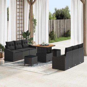 Conjunto de sofá de jardín con cojín 9 pcs Negro Poliratán