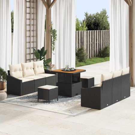 Conjunto de sofá de jardín con cojín 9 pcs Negro Poliratán