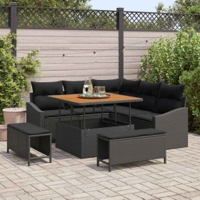 Conjunto de sofá de jardín con cojín 8 pcs Negro Poliratán