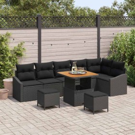 Conjunto de sofá de jardín con cojín 9 pcs Negro Poliratán