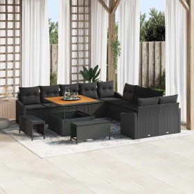 Conjunto de sofá de jardín con cojín 13 pcs Negro Poliratán