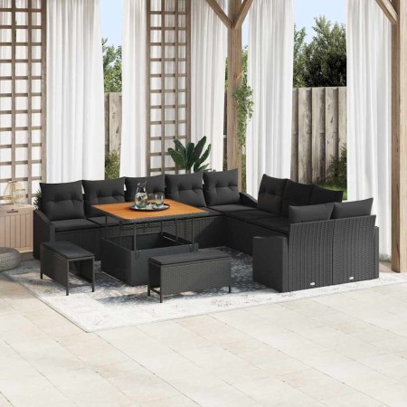 Conjunto de sofá de jardín con cojín 13 pcs Negro Poliratán