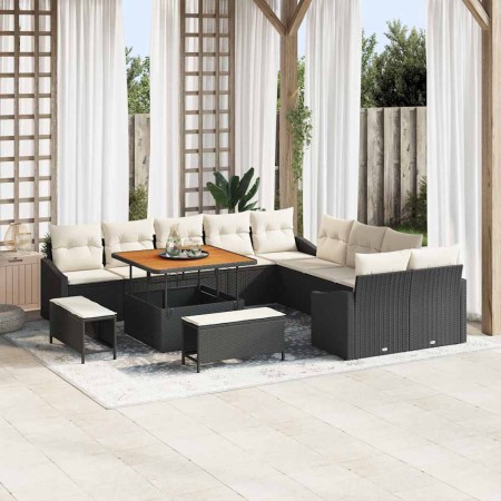 Conjunto de sofá de jardín con cojín 13 pcs Negro Poliratán