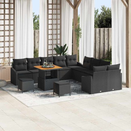 Conjunto de sofá de jardín con cojín 13 pcs Negro Poliratán