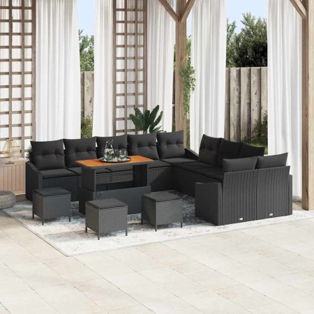 Conjunto de sofá de jardín con cojín 14 pcs Negro Poliratán