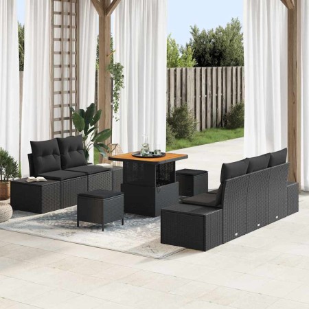 Conjunto de sofá de jardín con cojín 8 pcs Negro Poliratán
