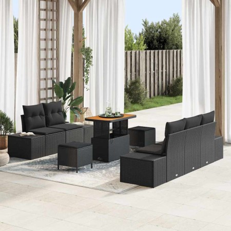 Conjunto de sofá de jardín con cojín 8 pcs Negro Poliratán