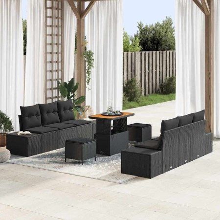 Conjunto de sofá de jardín con cojín 9 pcs Negro Poliratán