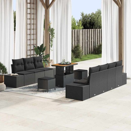 Conjunto de sofá de jardín con cojín 10 pcs Negro Poliratán