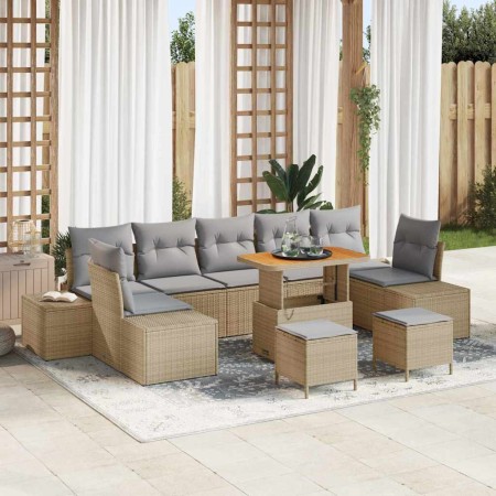 Conjunto de sofá de jardín con cojín 10 pcs Beige Poliratán