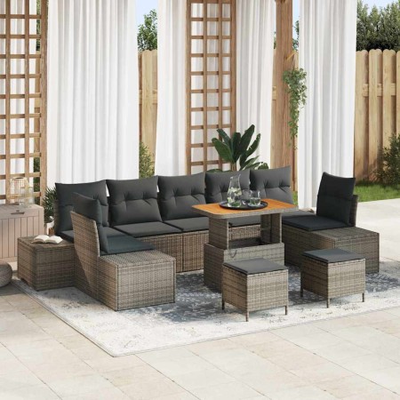 Conjunto de sofá de jardín con cojín 10 pcs Gris Poliratán