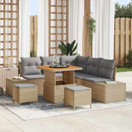 Conjunto de sofá de jardín con cojín 8 pcs Beige Poliratán