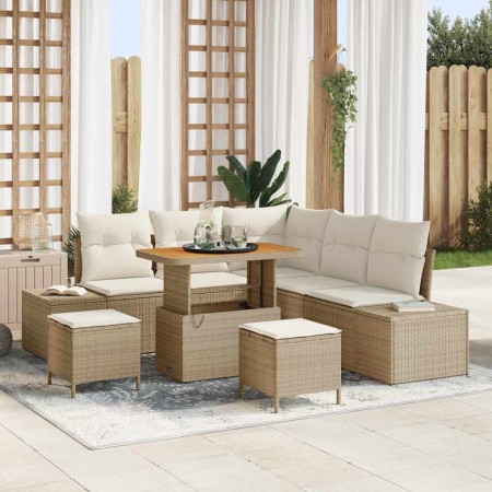 Conjunto de sofá de jardín con cojín 8 pcs Beige Poliratán