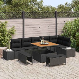 Conjunto de sofá de jardín con cojín 9 pcs Negro Poliratán