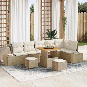 Conjunto de sofá de jardín con cojín 9 pcs Beige Poliratán