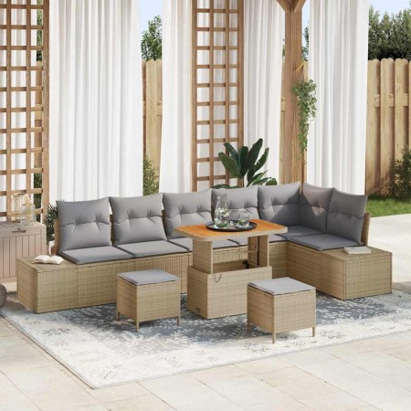 Conjunto de sofá de jardín con cojín 9 pcs Beige Poliratán