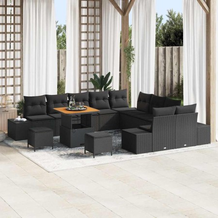 Conjunto de sofá de jardín con cojín 13 pcs Negro Poliratán