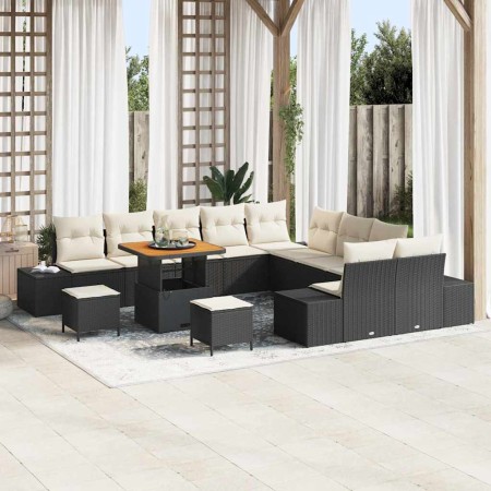 Conjunto de sofá de jardín con cojín 13 pcs Negro Poliratán