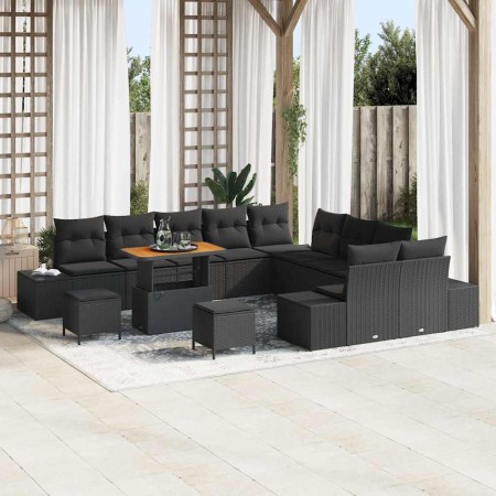 Conjunto de sofá de jardín con cojín 13 pcs Negro Poliratán