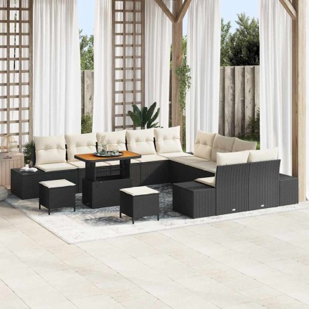 Conjunto de sofá de jardín con cojín 13 pcs Negro Poliratán