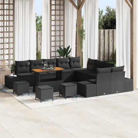 Conjunto de sofá de jardín con cojín 14 pcs Negro Poliratán