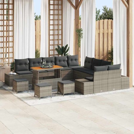 Conjunto de sofá de jardín con cojín 14 pcs Gris Poliratán