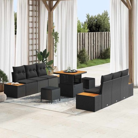 Conjunto de sofá de jardín con cojín 9 pcs Negro Poliratán