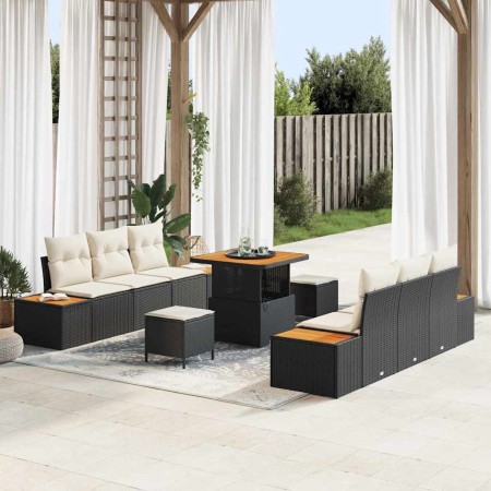 Conjunto de sofá de jardín con cojín 9 pcs Negro Poliratán