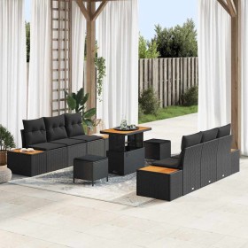 Conjunto de sofá de jardín con cojín 9 pcs Negro Poliratán