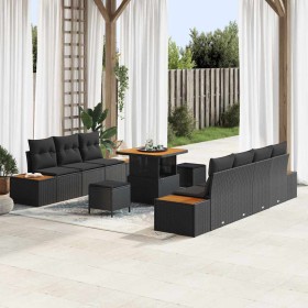 Conjunto de sofá de jardín con cojín 10 pcs Negro Poliratán