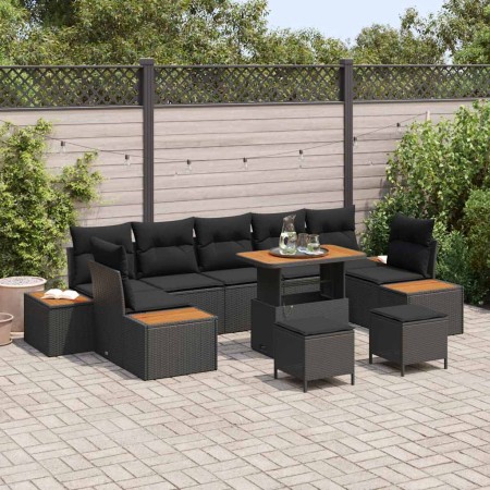 Conjunto de sofá de jardín con cojín 10 pcs Negro Poliratán