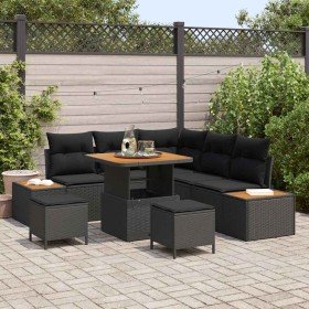 Conjunto de sofá de jardín con cojín 8 pcs Negro Poliratán