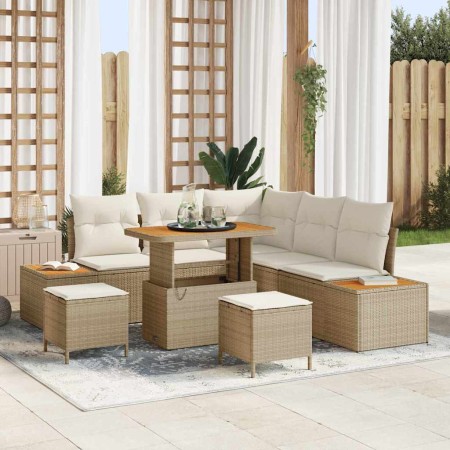 Conjunto de sofá de jardín con cojín 8 pcs Beige Poliratán