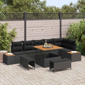 Conjunto de sofá de jardín con cojín 9 pcs Negro Poliratán