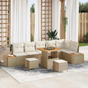 Conjunto de sofá de jardín con cojín 9 pcs Beige Poliratán