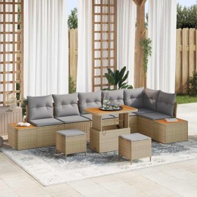 Conjunto de sofá de jardín con cojín 9 pcs Beige Poliratán