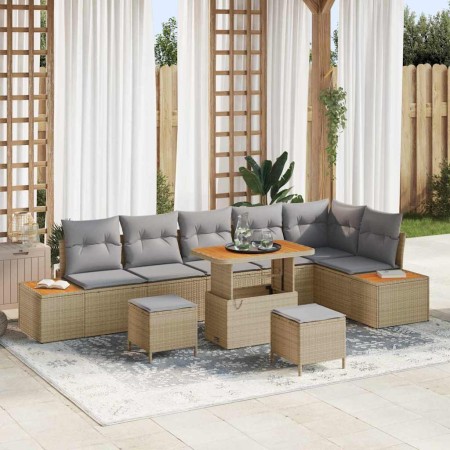 Conjunto de sofá de jardín con cojín 9 pcs Beige Poliratán