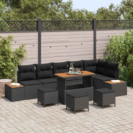 Conjunto de sofá de jardín con cojín 10 pcs Negro Poliratán